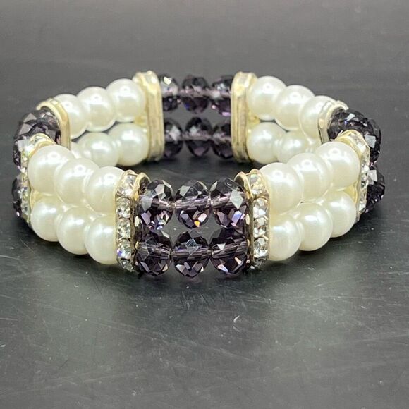 Chic Bride Ivory Color Imitation Pearl Crystal Purple Beads Stretch Bracelet - Picture 1 of 6